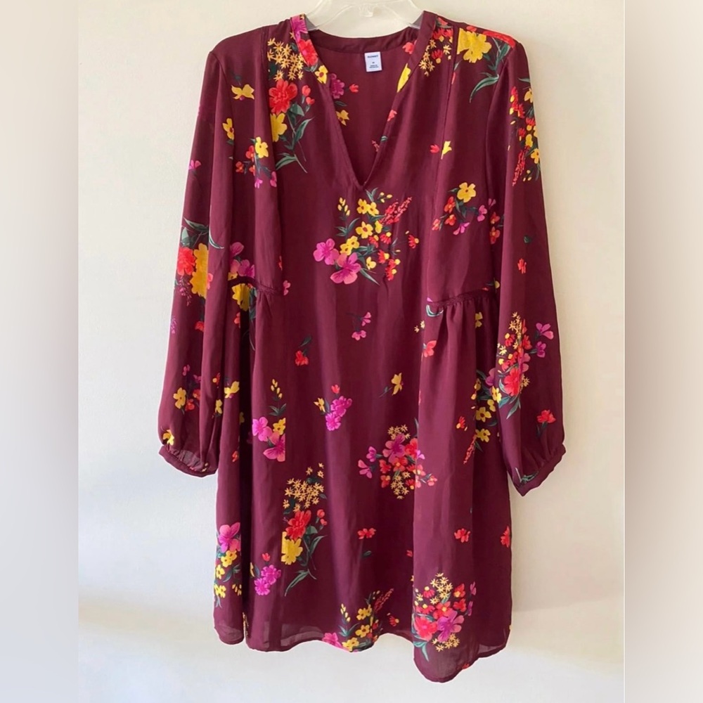 Women’s Long Sleeve Floral Print V-Neck Chiffon Midi Burgundy Dress